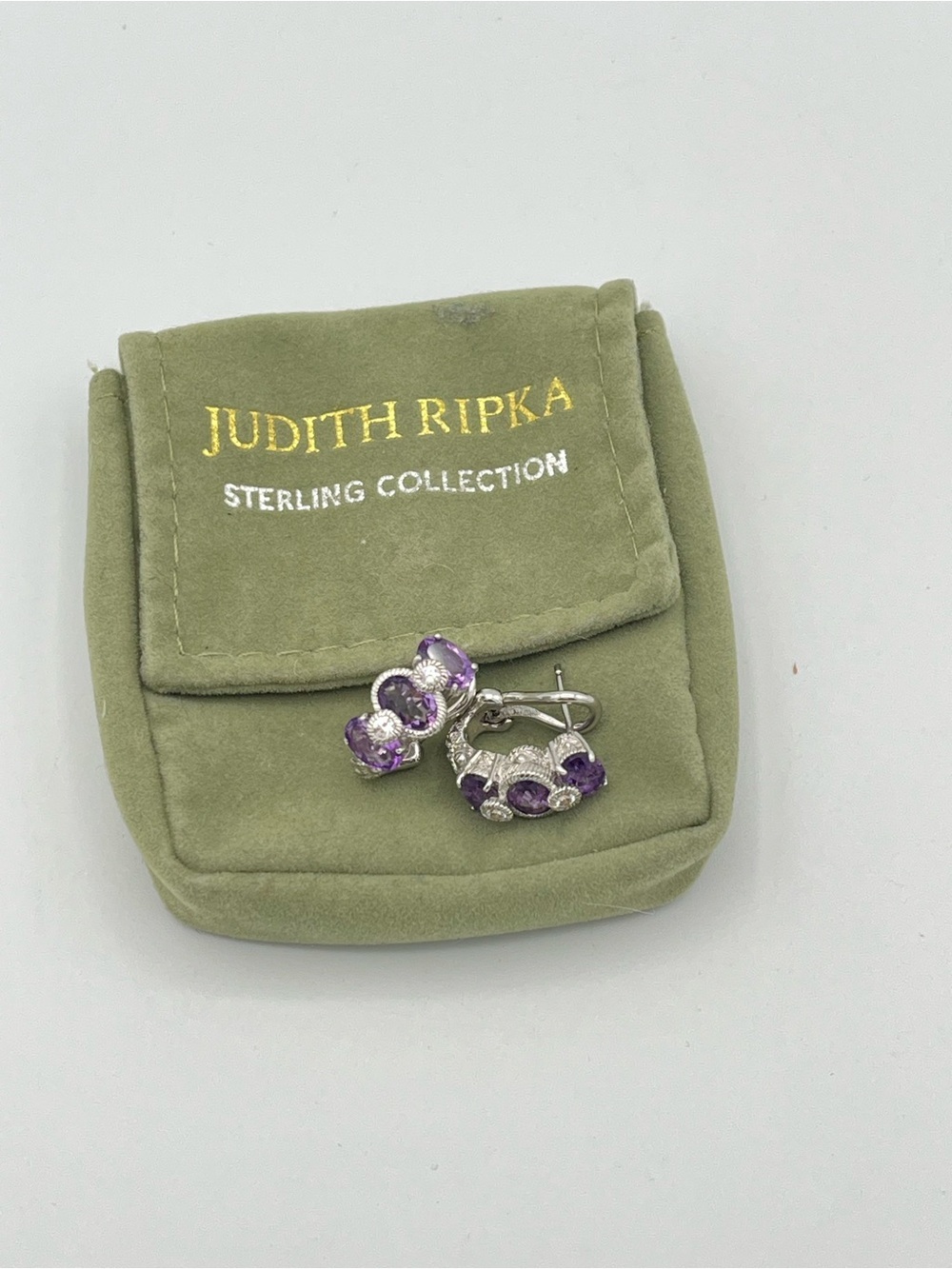 Judith Ripka Sterling Silver Amethyst Diamond Hoop Earrings Mint With Pouch